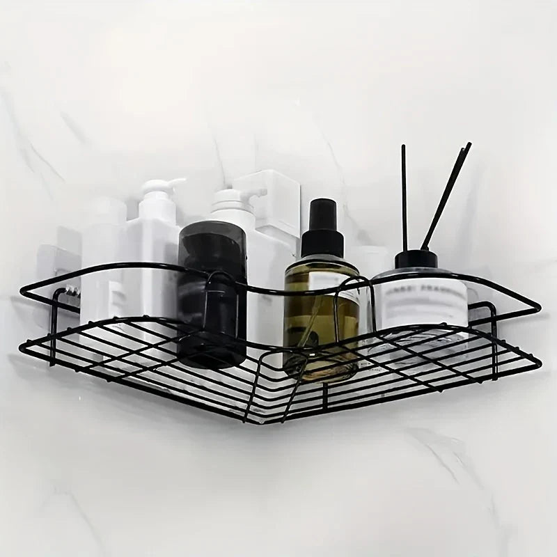 1pc Wrought Iron Wall Hanging Bathroom Shelf, Corner, No Drill, for Bathroom