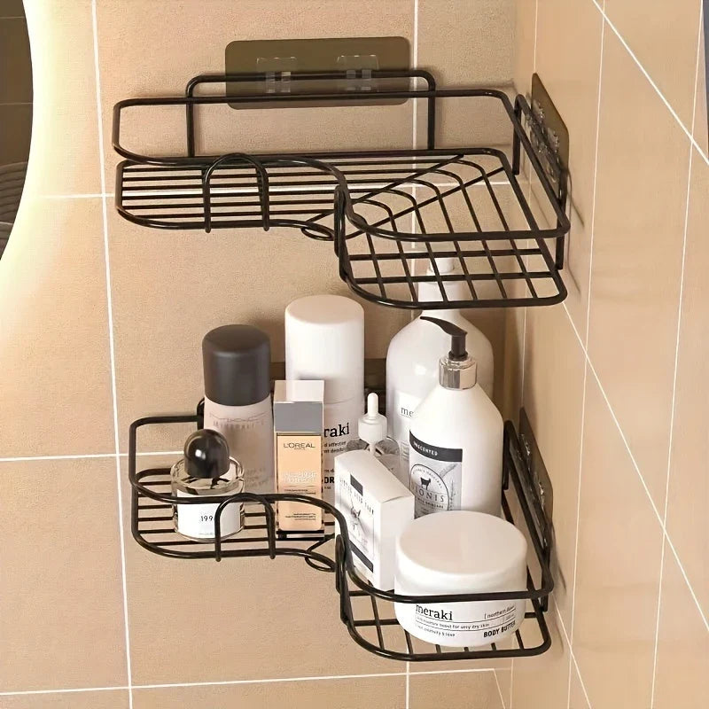 1pc Wrought Iron Wall Hanging Bathroom Shelf, Corner, No Drill, for Bathroom