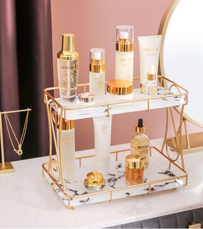 Golden Metal Makeup Organizer - No Leak Storage Solution for Organized Makeup