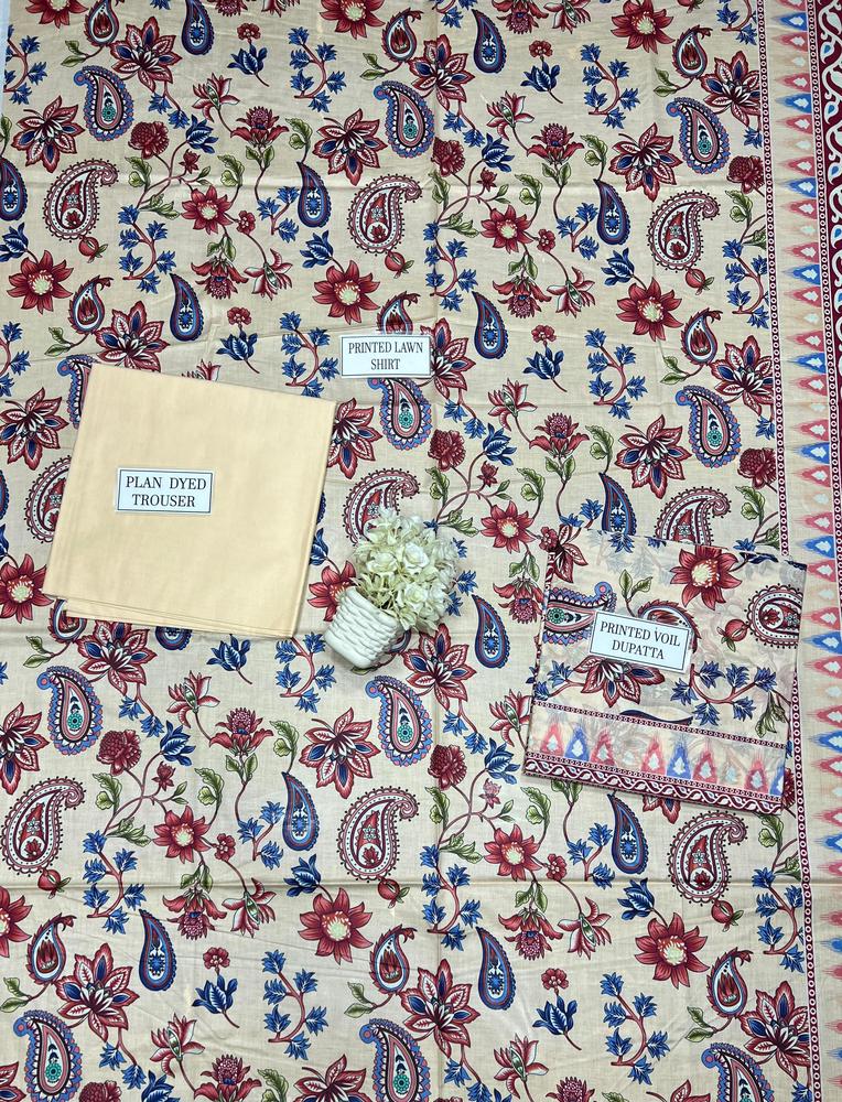 3 pcs womens unstiched lawn printed suit