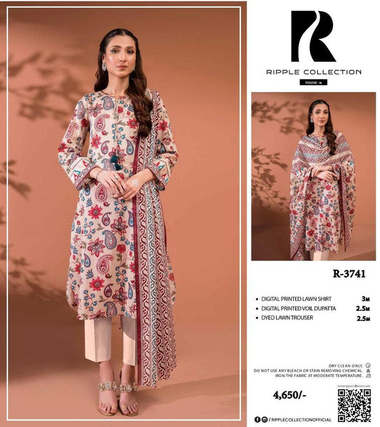 3 pcs womens unstiched lawn printed suit